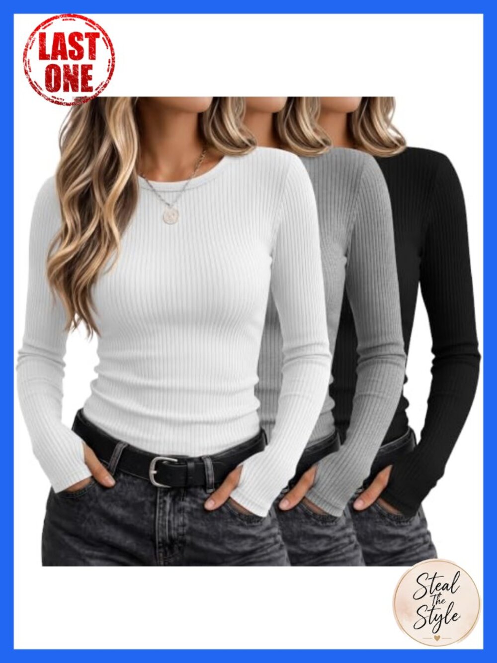 3 Pack Women's Ribbed Long Sleeve Tops with Thumb Holes Cotton Slim Fit Crew